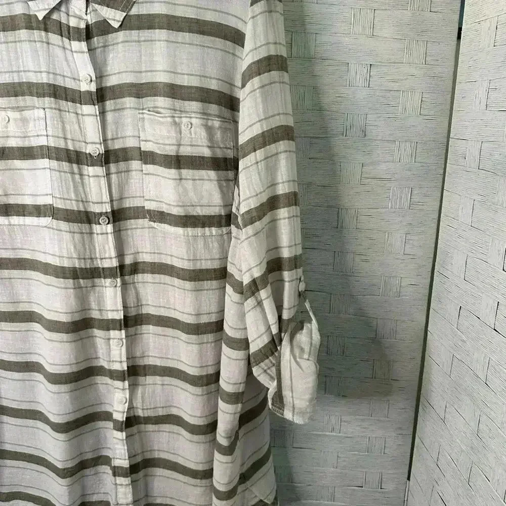 Lane Bryant Womens Blouse linen cotton blend button down striped white plus size